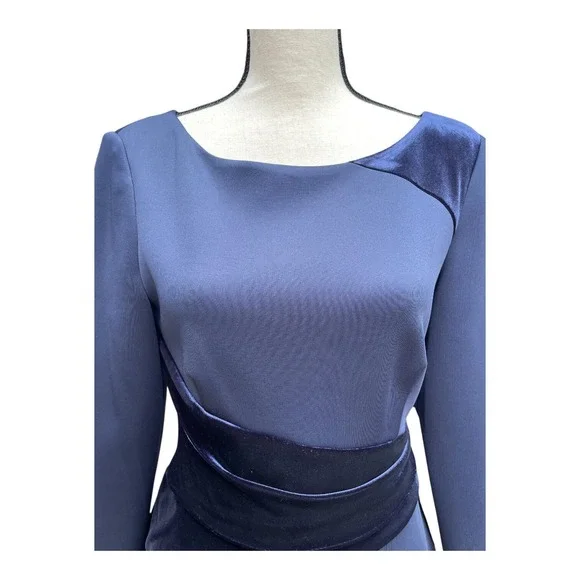 Vince Camuto Sheath Dress Women's Size 10 Navy Blue Velvet Trim Long Sleeves NWT - Picture 3 of 5